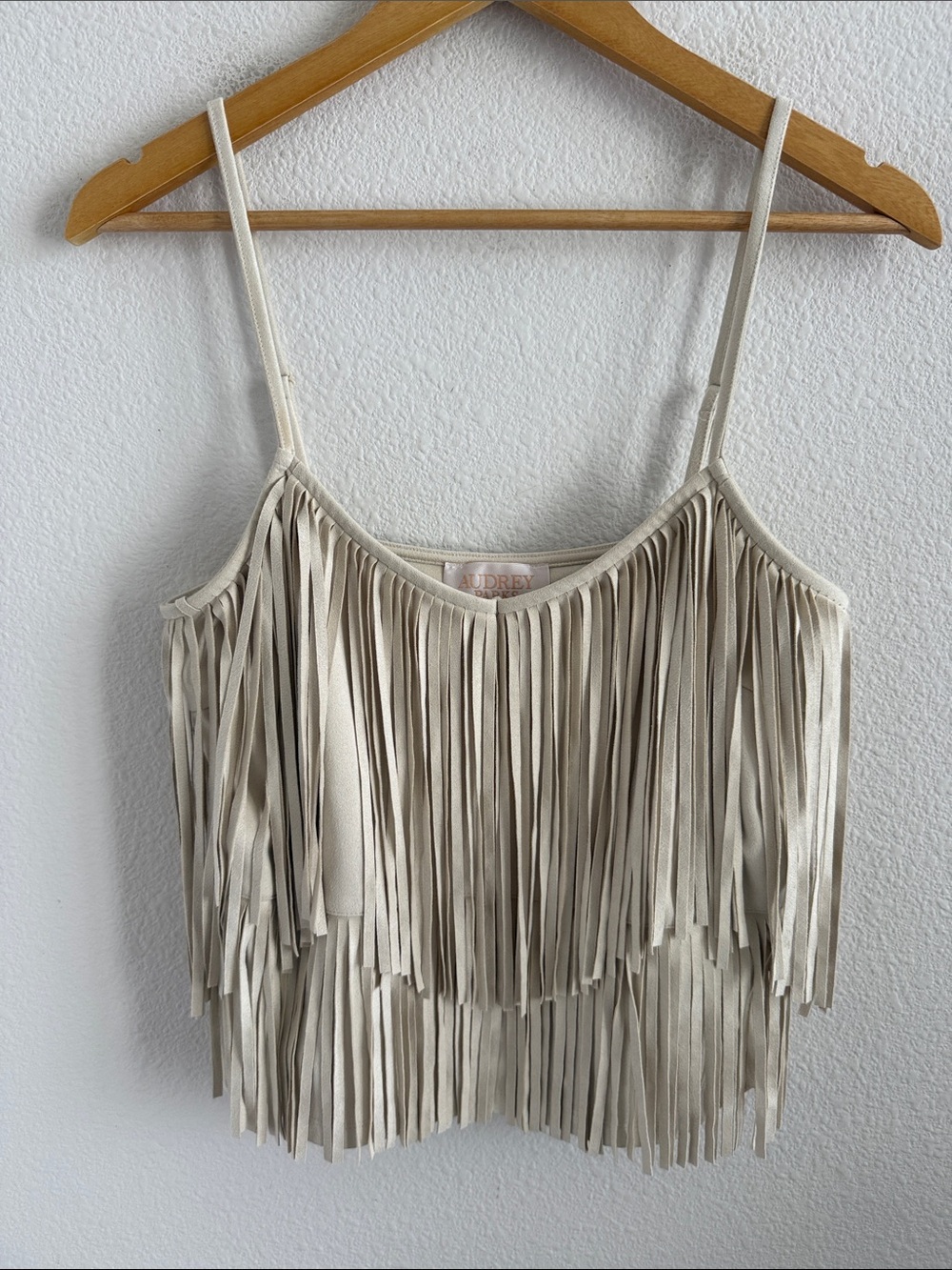 NWT Audrey Parks X Francesca's Cream Fringe Spaghetti Strap Top Women's S